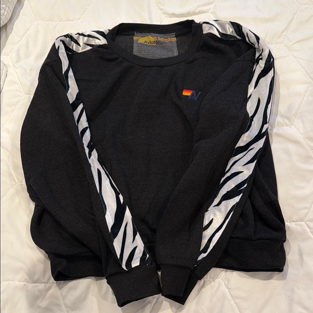 Aviator Nation Black Sweatshirt with Zebra Stripe Sleeves